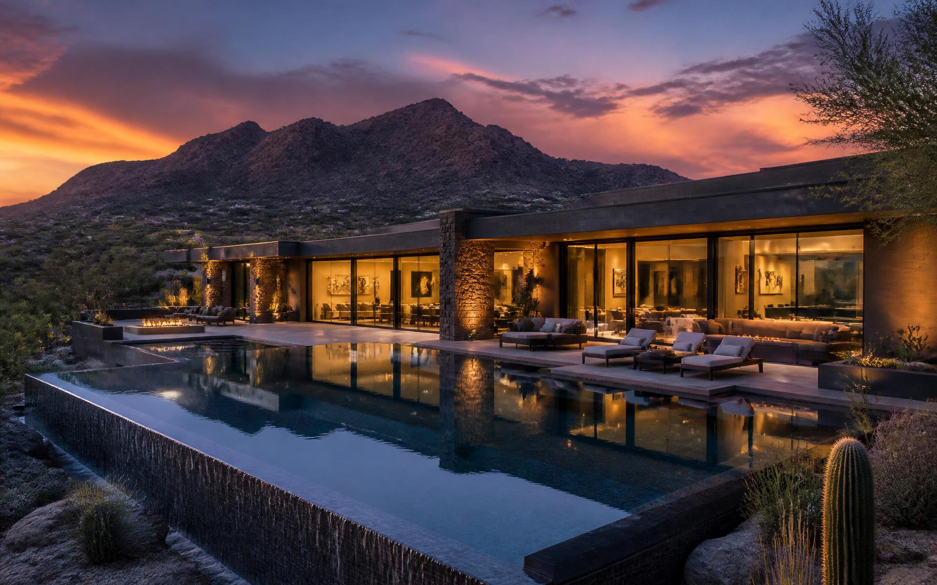 Luxury desert modern spec home at dusk with infinity pool and mountain backdrop in Arizona